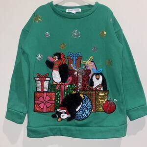 Girl Sz 7 Small Christmas Penguin Holiday Sweatshirt Festive Sequin Winter Fall